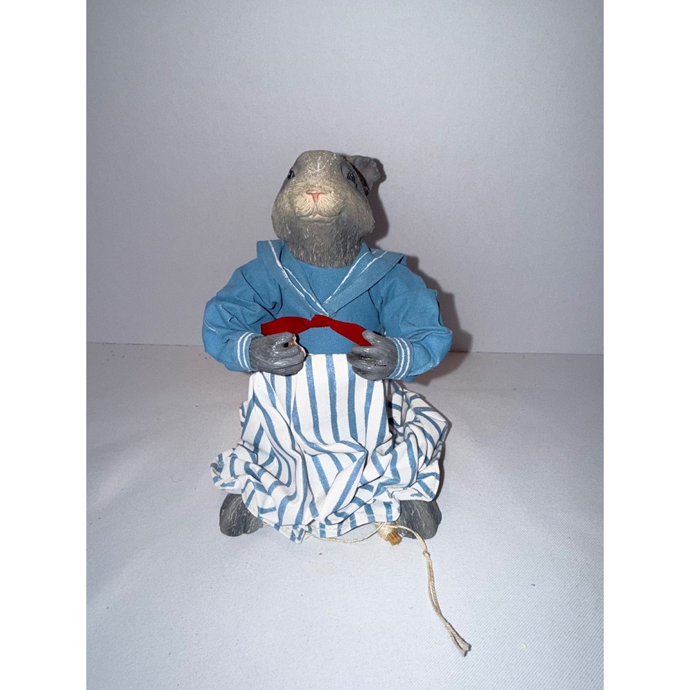 Vintage Style Rabbit Figurine Blue Sailor Outfit Striped Skirt Easter Decor 7.5"